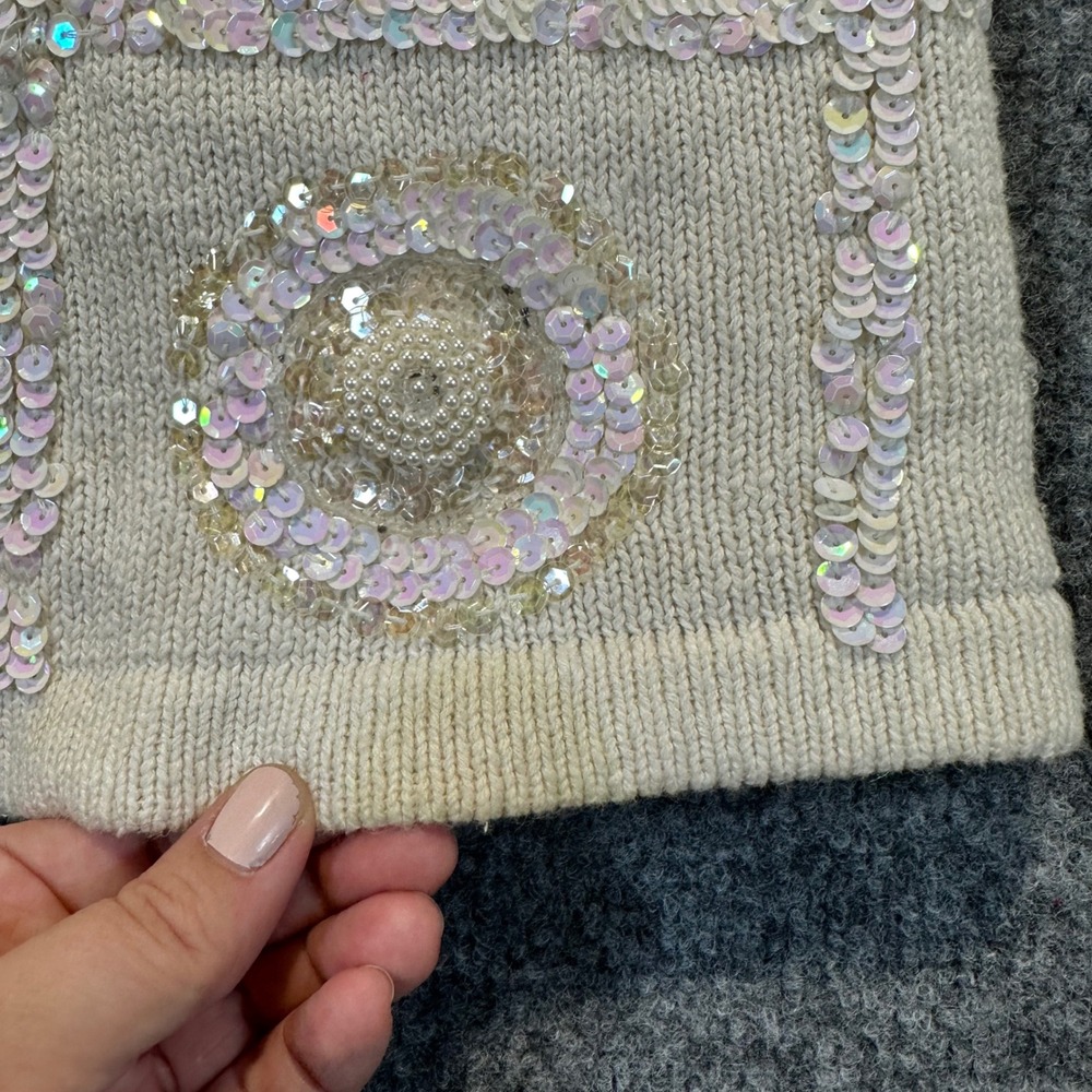 Work in Progress Sweater Women Medium Cream Sequin Beaded Vintage Glam Party - Picture 14 of 15